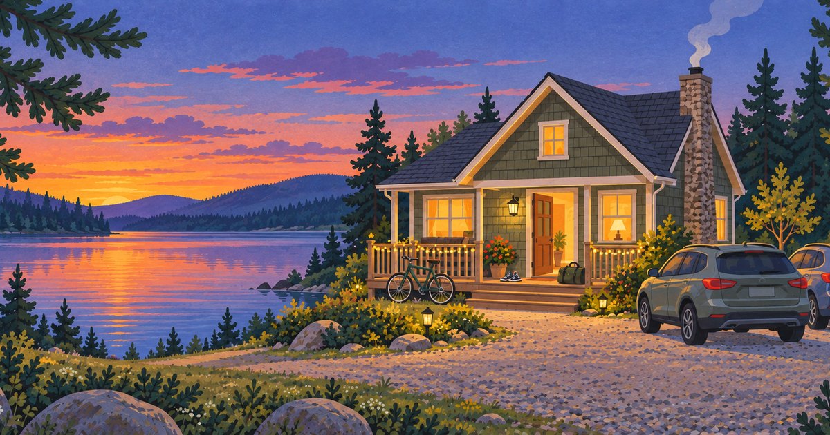 Illustrated lakeside cottage at dusk with warm glowing windows; two parked cars in the driveway, a bicycle leaning on the porch rail, and an overnight bag on the step