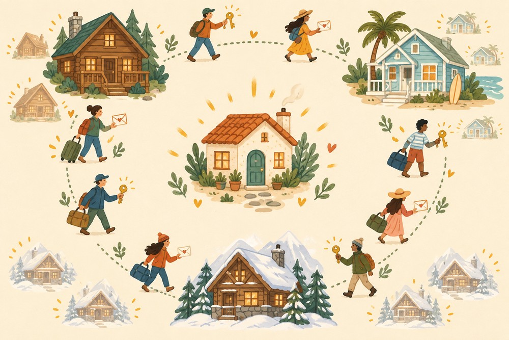 A cheerful flat illustration of a central cottage connected around a gentle loop to a cabin, a beach cottage, and a mountain chalet, with small travelers carrying keys, envelopes, and bags walking the path between homes